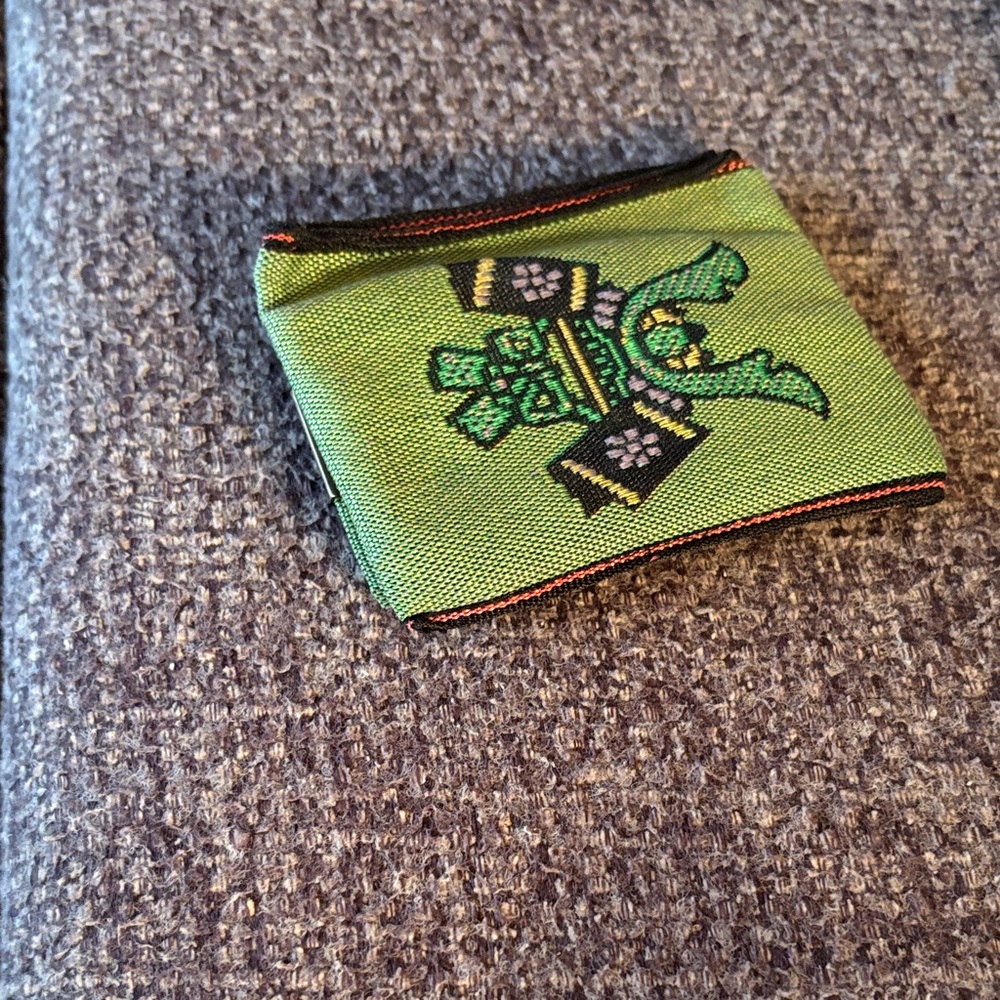 Green Embroidered Fabric Pouch for coins. Made in Japan. Recycled materials.